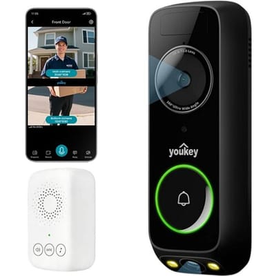 UNIVIEW Youkey DB312 Draadloze Beveiligingsdeurbel met Dubbele Camera en Gongsignaal, 2K Nachtzicht in Kleur, 6400mAh Batterij, 2,4/5 GHz Wi‑Fi 6,