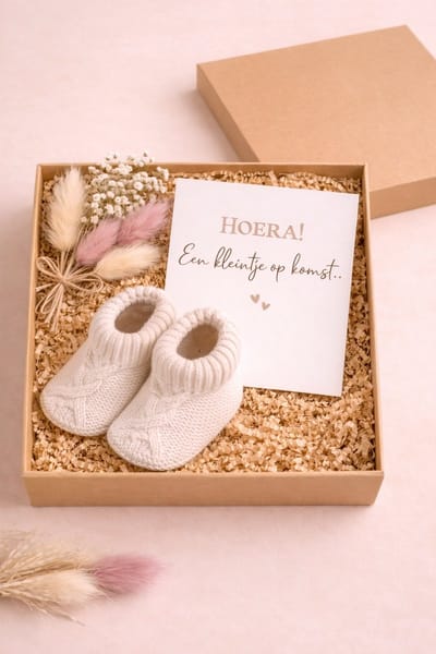 Luxe Baby Cadeaubox – Babyslofjes, Droogbloemen & Kaartje “Hoera! Een kleintje op komst” in verwachting | felicitatie |