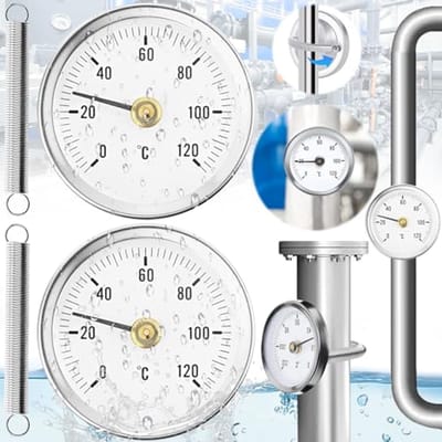 2 Stuks Aanlegthermometer voor Verwarmingsbuizen - Bimetalen Wijzer-Thermometer 0-120 °C, Draagbare Buisthermometers voor Pijpleidingen