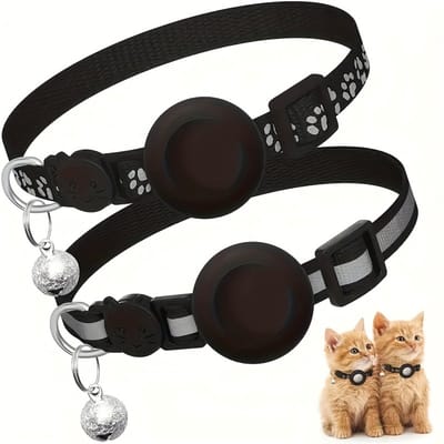 2-Pack Reflecterende Kattenhalsband met Apple AirTag Houder - Veiligheidssluiting (Breakaway) & Belletje - Verstelbaar (18-30 cm) - Set van 2 - Zwart
