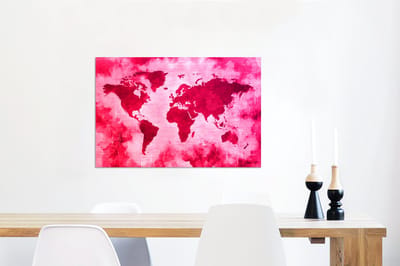 Aluminium schilderij 90x60 cm - Wanddecoratie metaal - Wereldkaart - Rood - Roze - Metalen muurdecoratie woonkamer - Decoratie industrieel - Foto op dibond - Industriële accessoires slaapkamer