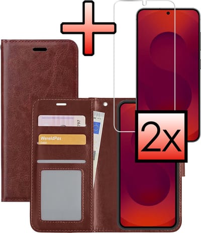 Hoesje - Met 2x Screenprotector - Geschikt voor Samsung Galaxy S25 - Luxe Pasjeshouder - Bookcase Portemonee - Flip Case - Kunstleer Book Case - Flipcase Hoes - Book Cover - Walletcase - Portemonneehoes - Bruin