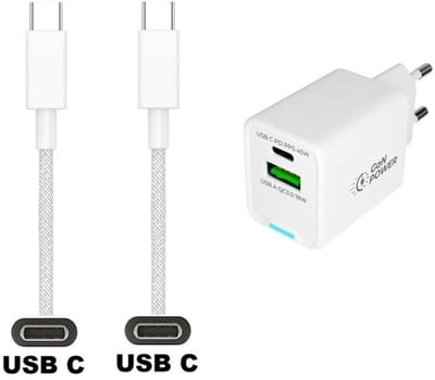 OneOne 45W super snellader met 2 poorten. Oplader met sterke 3,0m USB C naar C kabel. PD lader adapter past op Samsung Galaxy S10, S10e, S20, S21, S22, S23, S24, S25, S26 (Edge, FE, Lite, Plus +, Ultra)