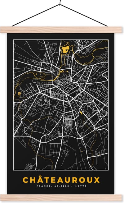 Posterhanger incl. Poster 40x60 cm - Schoolplaat - Frankrijk – Châteauroux - Kaart – Plattegrond – Stadskaart - Textielposter - Blanke latten - Stadskaart