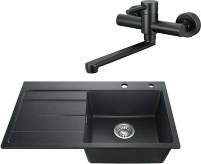 SOFETIY MAX Granieten Spoelbak 78x45CM Zwart - Spoelbakken Keuken Met Keukenkraan voor wandmontage Waterkraan - Spoelbak Met Planchet en Afdruiprek - Spoelbakken Incl. Sifon en Afvoerzeefje