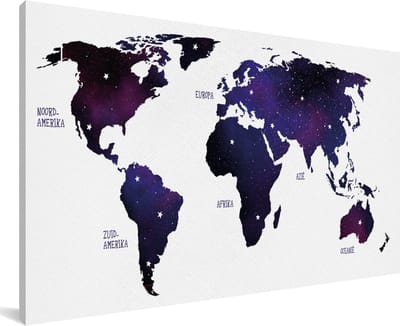 Grote wanddecoratie - Wereldkaart Paars Galaxy canvas - 200x100 cm - XXL decoratie