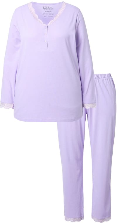 Ulla Popken - Dames - Pyjama kant knopen V-hals lange mouwen - Zachtlavendel - Maat 42+