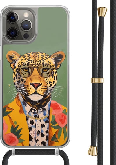 Casimoda® hoesje met zwart koord - Geschikt voor iPhone 12 Pro - Luipaard Hipster - Afneembaar koord - TPU/polycarbonaat - Multi