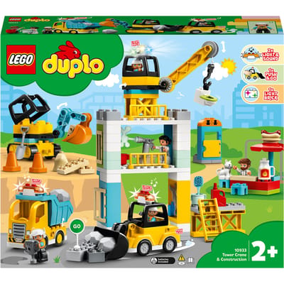 LEGO 10933 DUPLO Bouw met Torenkraan, Vrachtwagen, Graafmachine en Hotdog Kraam, Speelgoed voor Peuters vanaf 2 Jaar