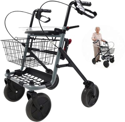 Opvouwbare Rollator Lichtgewicht en Stabiel Voor Comfortabele Ondersteuning – Rollator 11 kg Met Massieve Banden Geschikt Voor Binnen en Buiten – Aluminium Rollator Met Parkeerremmen Voor Veilig Gebruik | Incl. Mand en Dienblad