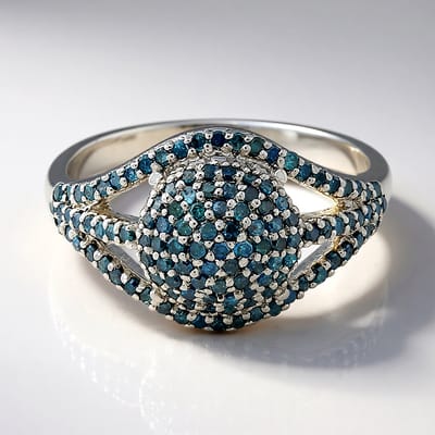 Cavill - Elegante Ring 925 Sterling Zilver Geplatineerd - 0,71 ct Fancy Diamanten - Blauwe Accentstenen - Pave Design - Luxe Damesring