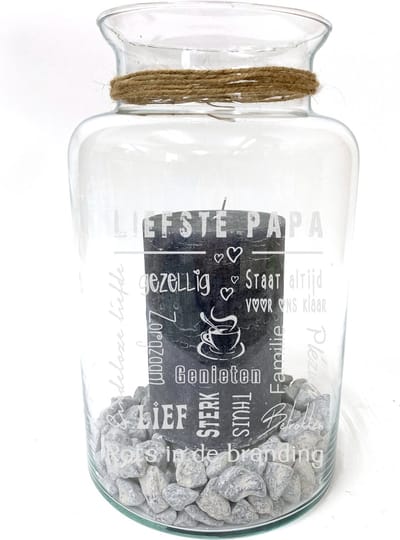 Windlicht/Vaas met tekst gravure: LIEFSTE PAPA. Cadeau-papa-vader-vaderdag. Zonder kaars en stenen. Het formaat is 30cm, 16cm doorsnede.