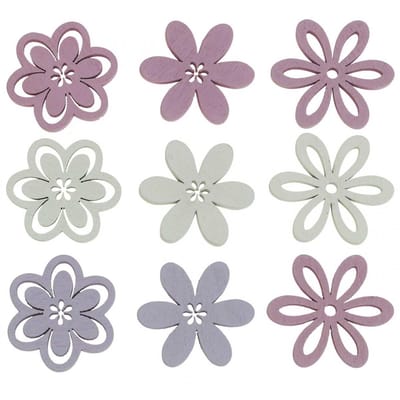 Houten bloemen strooidecoratie bloemen paars/roze/wit Ø3,5cm 48 st, 48