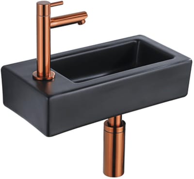 QeramiQ Fuente Fonteinset - 37.5x18.5x9cm - keramiek - kraangat links - fonteinkraan geborsteld koper - afvoerplug - verlaagd sifon - Mat Zwart