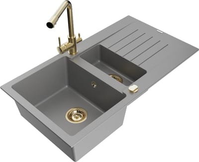 Mexen Matias granieten spoelbak 1,5-kamer met afdruiprek en keukenmengkraan Duero, grijs - 6502-71-671600-50