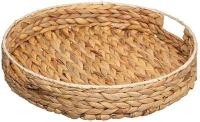 5Five Design dienblad van metaal/riet - Dia 35 cm - beige - Hoge opstaande rand - voor glazen en kopjes - rond