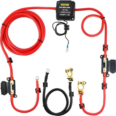 Gesplitste Laadrelais Kit, 2mtr 12V, Automatische Dubbele Batterij Isolator Kit met 140AMP Spanningsgevoelig Relais VSR, Compatibel met Camper Marine Auto Voertuig Vrachtwagen