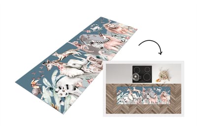 Keukenloper - Loper keuken - Waterverf - Dieren - Jungle - Blauw - 150x50 cm - Keukenloper vinyl