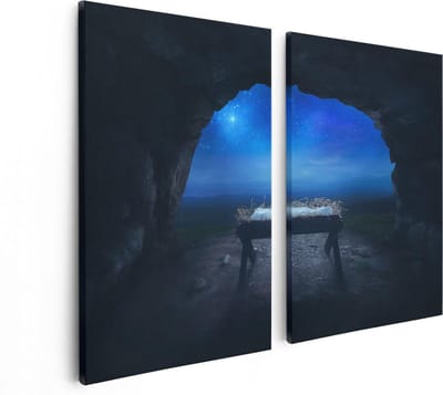 Artaza Canvas Schilderij Tweeluik Kribbe in een Grot onder de Ster Van Bethlehem - 80x60 - Foto Op Canvas - Canvas Print
