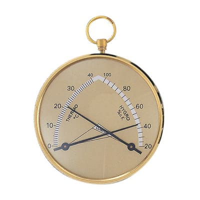 Thermo-hygrometer – GEMAAKT IN DUITSLAND – Meet temperatuur en vochtigheid – Geschikt om op te hangen – Materiaal: kunststof – Goudkleurig – Ø 85 mm – C344904