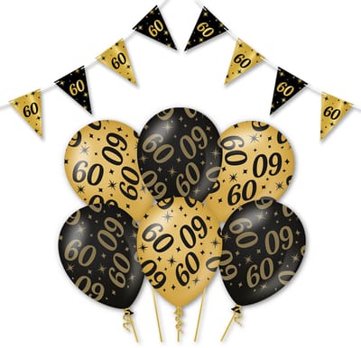 Q2P - 60 Jaar - Slingers - Ballonnen - Zwart & Goud Set - Verjaardag Versiering - Helium Ballon