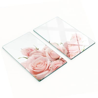 Set van twee decoratieve glazen snijplanken voor in de keuken met roze rozen, 2x30x52 cm