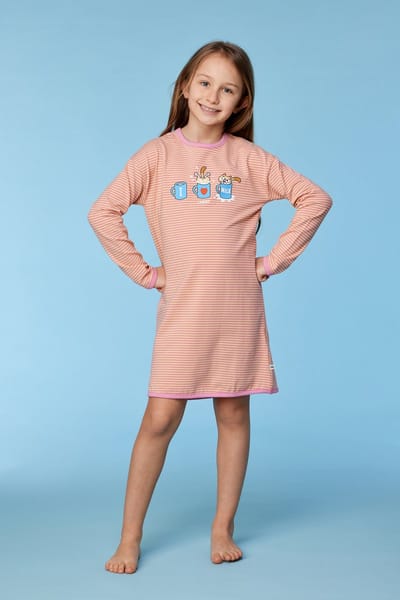 Woody slaapkleed meisjes - roze/geel gestreept - kat - 252-10-DZF-Z/927 - maat 176