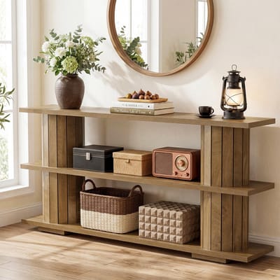LITTLE TREE Consoletafel Met Opbergruimte - 160 x 30 x 85 cm - Lange Smalle Bijzettafel - 3‑laags schappen - Voor Woonkamer, Hal en Ingang - Lichtbruin