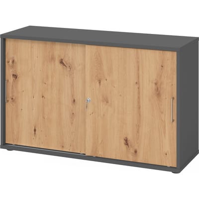 Breno schuifdeurkast, afsluitbaar, spaanplaat, gemelamineerd, B 1200 x D 400 x H 748 mm, 2 dossierhoogtes, grafiet/eiken
