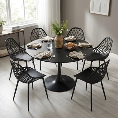 EGGREE eethoek - eettafel met 6 zwarte stoelen - tafel Ø 100 cm - voor bar - café en eetkamer - zwarte tafel
