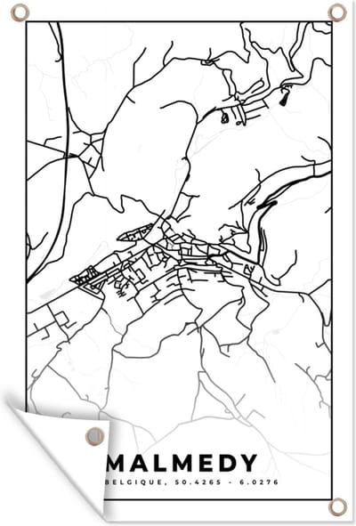 Muurdecoratie Plattegrond – Malmedy – Zwart Wit – Stadskaart - Kaart - België - 120x180 cm - Tuinposter - Tuindoek