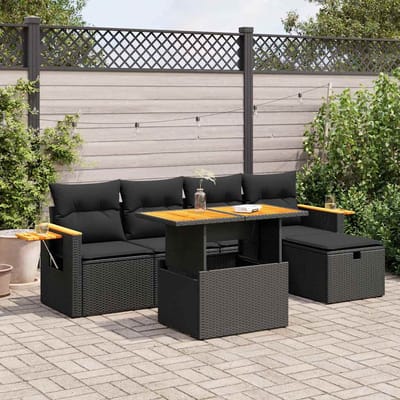 vidaXL - 6-delige - Loungeset - met - kussens - poly - rattan - zwart