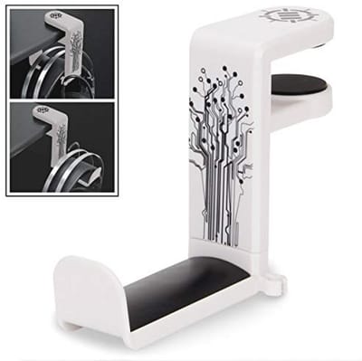 Hoofdtelefoon Hanger met Verstelbare Draaibare Arm - Onder Bureau Klem, Universele Pasvorm en Kabel Organiser - Wit
