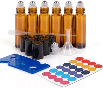 Dailygoods- Etherische Olie Roller Set van 6 - Glazen Flessen 10ml - Roestvrij Stalen Roller - Trechter en Pipetten - UV-Bescherming - BPA-vrij Glas - Roll-on Flesjes