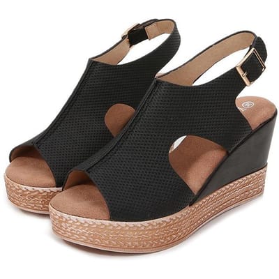 Sandales Compensées à Plateforme pour Femmes Style Ethnique Talon Haut Couleur Unie Bout Ouvert Grande Taille Chaussures d'Été Sandales de Loisirs à Semelles Épaisses 36 noir