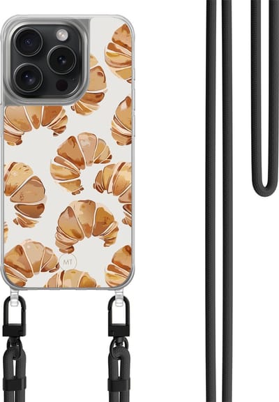 Hoesje met koord geschikt voor iPhone 13 Pro - Croissant - Inclusief zwart koord - Crossbody beschermhoes - Transparant, Bruin - Mooie Telefoonhoesjes
