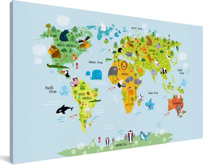 Grote wanddecoratie - Wereldkaart voor kinderen Dieren canvas - 200x100 cm - XXL decoratie