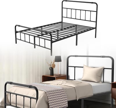 Metalen Bedframe - Bed met hoofdeinde - Moderne slaapkamer - Robuuste lattenbodem - 140 x 200 cm - Zwart