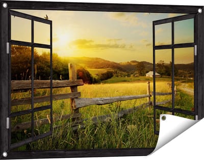 Gards Tuinposter Doorkijk Boerderij Hekken op het Grasveld - 90x60 cm - Tuindoek - Tuindecoratie - Wanddecoratie buiten - Tuinschilderij