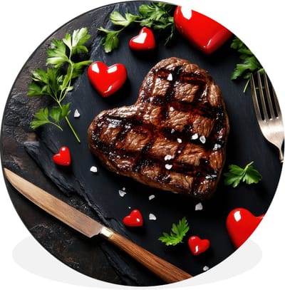 WallCircle - Wandcirkel - Muurcirkel - Steak - Hart - Bestek - Aluminium - Dibond - 30x30 cm - Binnen en Buiten