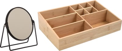 MSV Make-up organizer 9 vaks en luxe spiegel set - 33 x 21 cm - bamboe/metaal - bruin/zwart