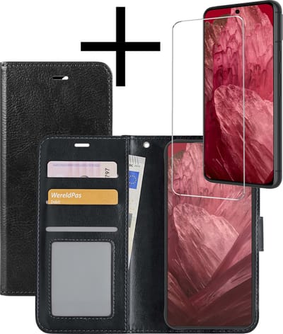 Hoesje - Met Screenprotector - Geschikt voor Google Pixel 8a - Luxe Pasjeshouder - Bookcase Portemonee - Flip Case - Kunstleer Book Case - Flipcase - Book Cover - Walletcase - Portemonneehoes - Zwart