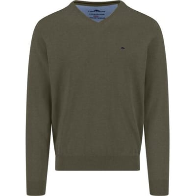 Fynch-Hatton Trui Solid Color Superfine 3-Ply Cotton V-Neck Donker Khaki / male
