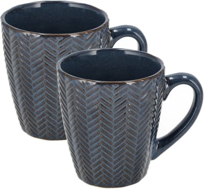 Koffiekopjes Set van 2 – Donkerblauwe Mokken 200ml met Oor – Aardewerk en Keramische Koffiemokken – Theemokken voor Koffie en Thee – Visgraat Reliëf Design
