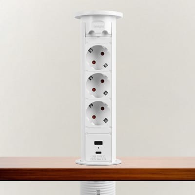 Motoraangedreven Pop-up Inbouw Stopcontact - Wit, 3-voudig met Kinderbeveiliging, 2x USB (3,1A), 230V 16A, 3500W [20451W]