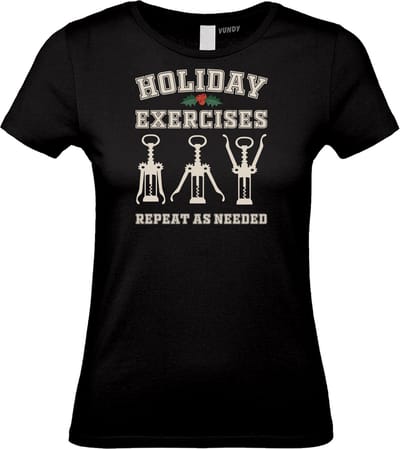 Dames t-shirt Holiday Exersize | Foute Kersttrui Dames Heren | Kerstcadeau | Kerstpakket | Zwart (Dames) | maat XS