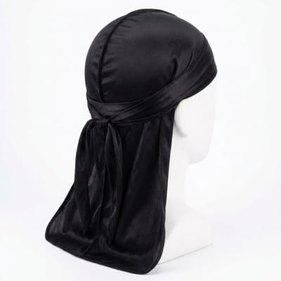 Zwarte satijnen durag douche muts voor heren en dames – glanzende hoofddoek met lange staarten en striksluiting – ademend haar accessoire voor dagelijks gebruik