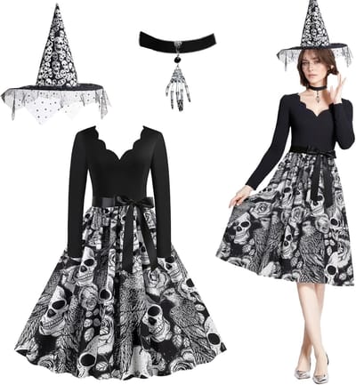 Gothic Skull Rozenprint Jurk voor Halloween, Swing Cocktail Dress en Rockabilly Petticoat voor Feestjes en Thema-Events