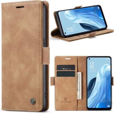 Geschikt Voor Oppo Reno 8 Lite Hoesje - Solidenz Urban Bookcase Reno 8 Lite - Telefoonhoesje Reno 8 Lite - Reno 8 Lite Case Met Pasjeshouder - PU Leren Hoes - Draadloos Opladen - Reno8 Lite - Bruin