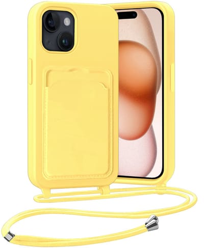Hoesje Geschikt voor iPhone 15 Plus Hoesje Met Telefoonketting Pasjeshouder Case Koord - Hoesje Geschikt voor iPhone 15 Plus Hoes Met Kaarthouder - Geel